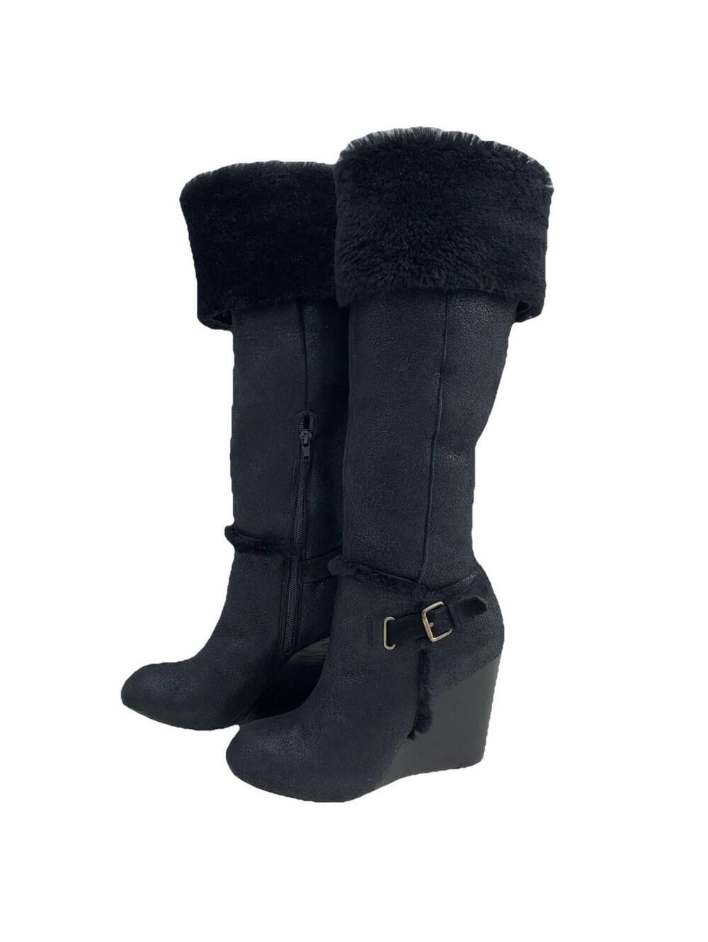 NEW! EDDIE BAUER Boots Sz 10 Black Leather Shearling Cuff Tall Wedge